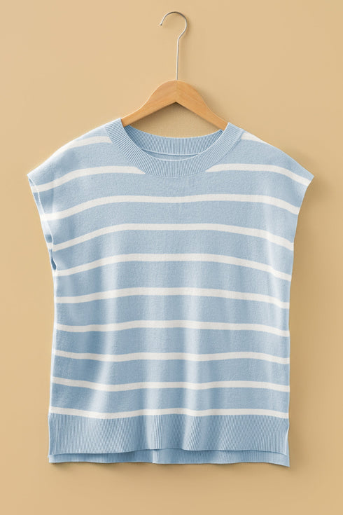 Striped Side Slit Crewneck Knit Short Sleeve Sweater