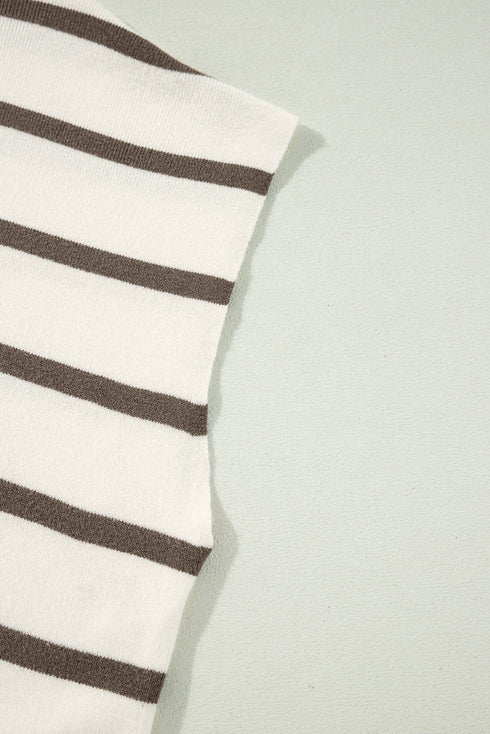 Striped Side Slit Crewneck Knit Short Sleeve Sweater