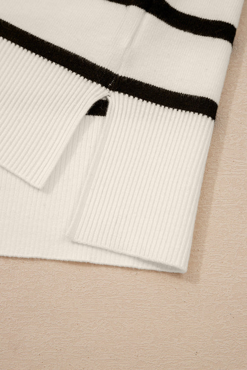 Striped Side Slit Crewneck Knit Short Sleeve Sweater