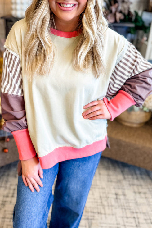 Striped Sleeve Contrast Trim Pullover Sweatshirt