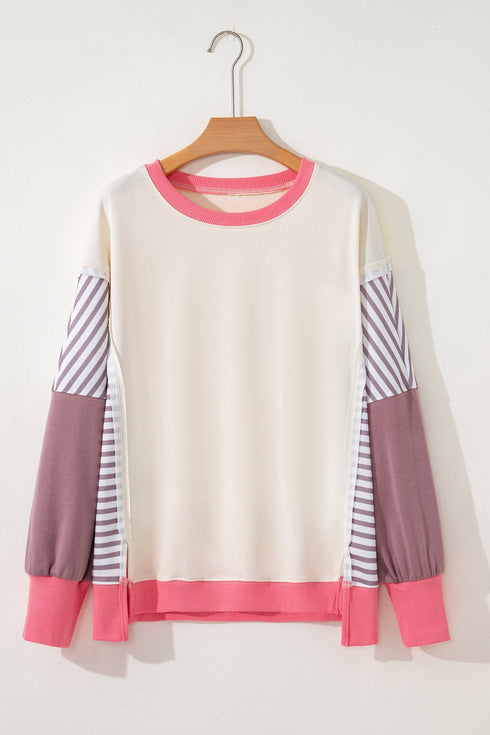 Striped Sleeve Contrast Trim Pullover Sweatshirt