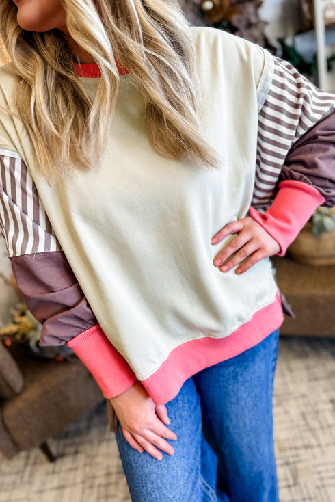 Striped Sleeve Contrast Trim Pullover Sweatshirt