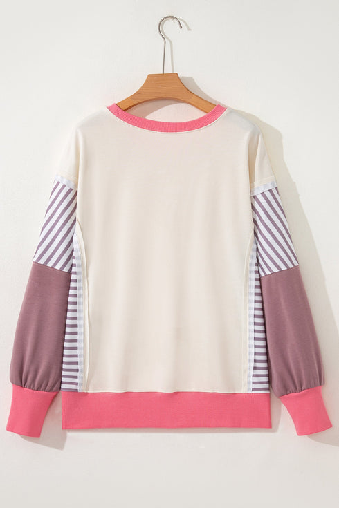 Striped Sleeve Contrast Trim Pullover Sweatshirt