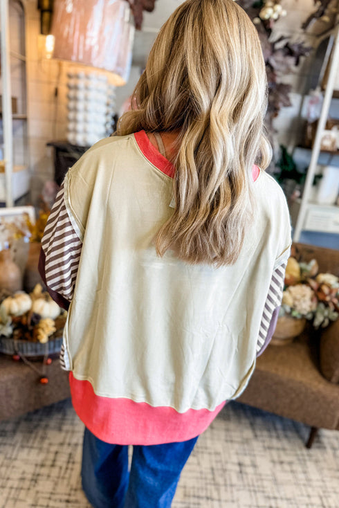 Striped Sleeve Contrast Trim Pullover Sweatshirt