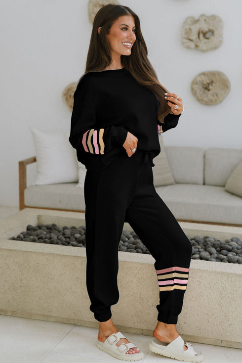 Striped Sleeve Drop Shoulder Pullover Drawstring Jogger Set
