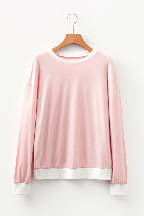 Striped Sleeve Waffle Knit Split Neck Casual Long Sleeve Top