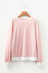 Striped Sleeve Waffle Knit Split Neck Casual Long Sleeve Top