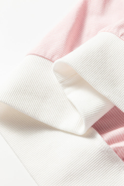 Striped Sleeve Waffle Knit Split Neck Casual Long Sleeve Top
