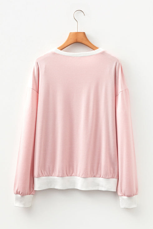 Striped Sleeve Waffle Knit Split Neck Casual Long Sleeve Top