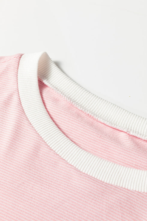 Striped Sleeve Waffle Knit Split Neck Casual Long Sleeve Top