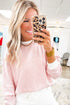 Striped Sleeve Waffle Knit Split Neck Casual Long Sleeve Top