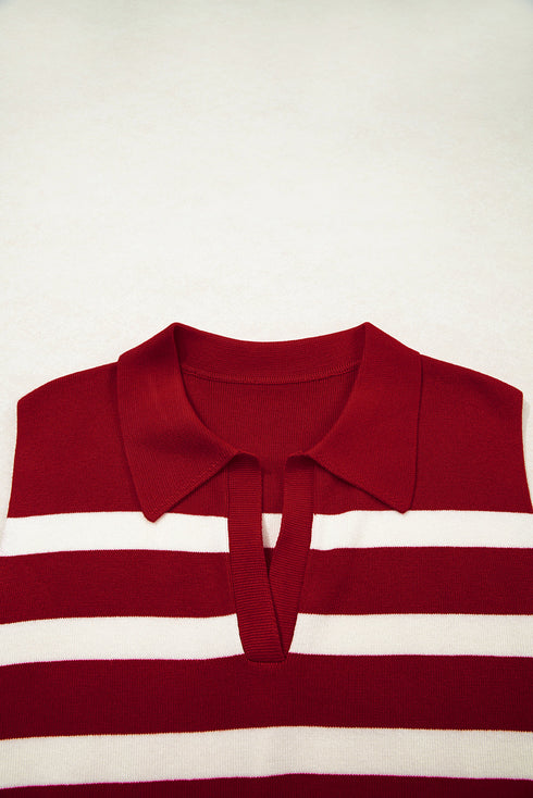 Striped Sleeveless Split Neck Collared Knit Top