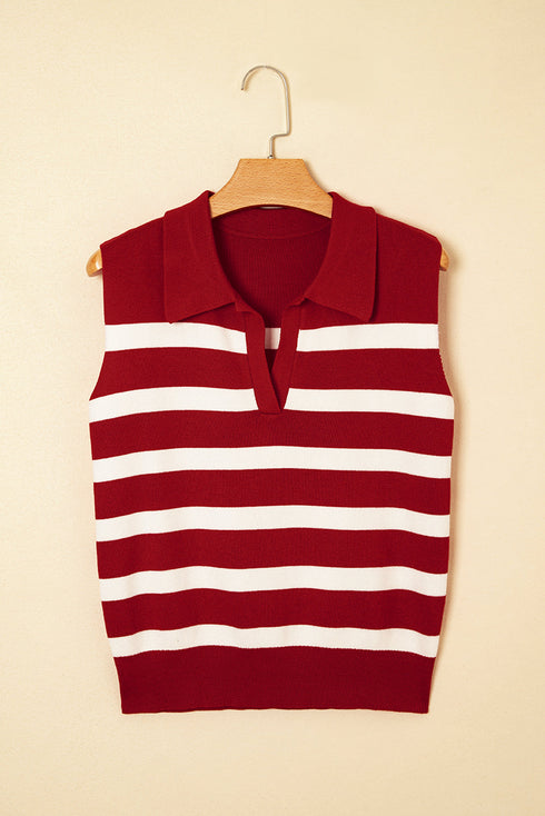 Striped Sleeveless Split Neck Collared Knit Top