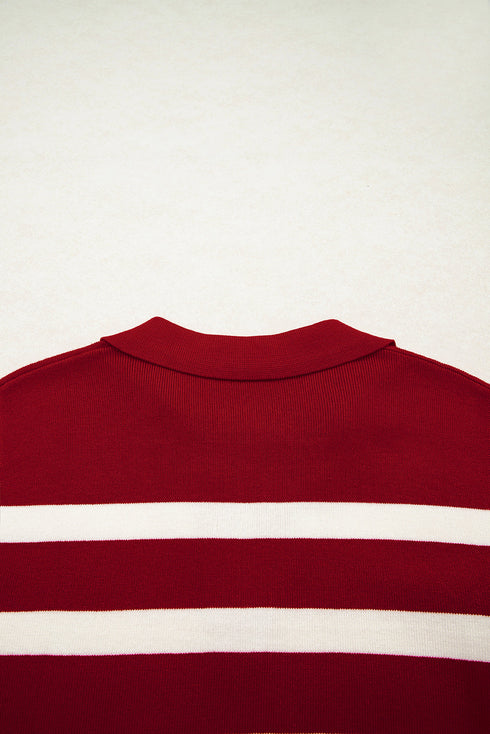 Striped Sleeveless Split Neck Collared Knit Top