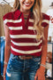 Striped Sleeveless Split Neck Collared Knit Top