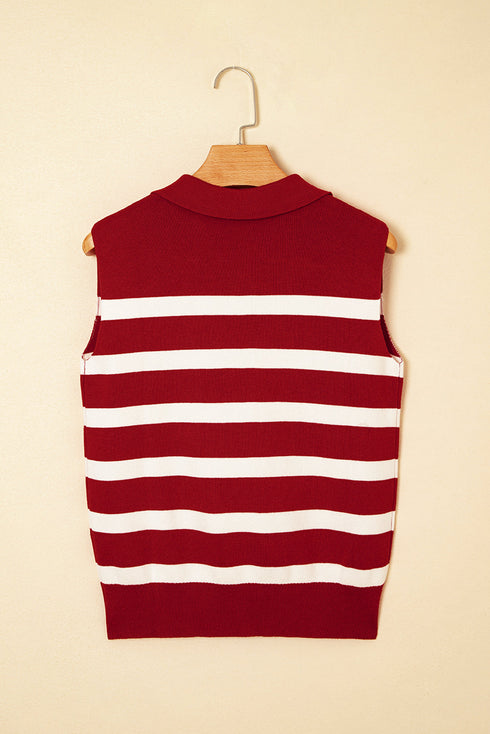 Striped Sleeveless Split Neck Collared Knit Top