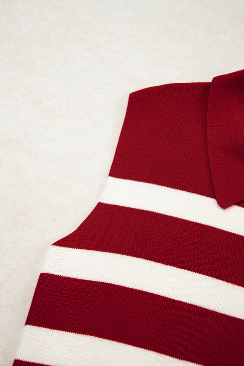 Striped Sleeveless Split Neck Collared Knit Top
