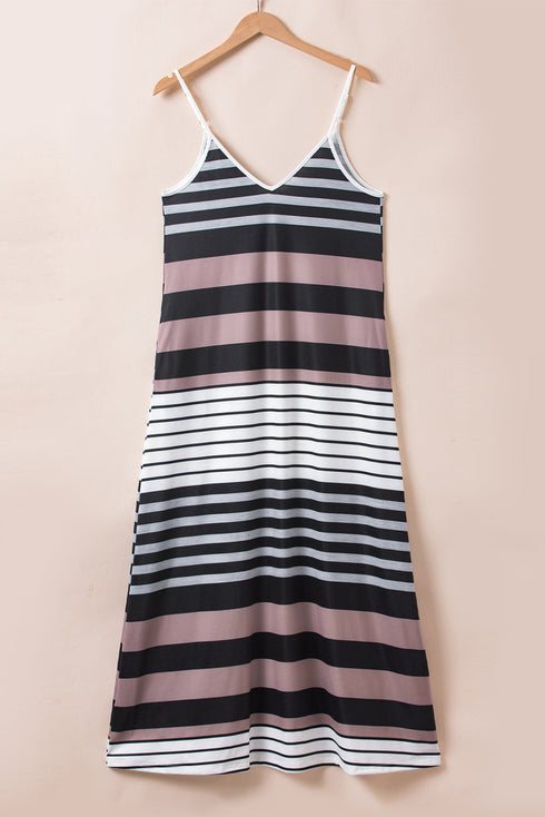 Striped Sleeveless V Neck Pocket Maxi Dress
