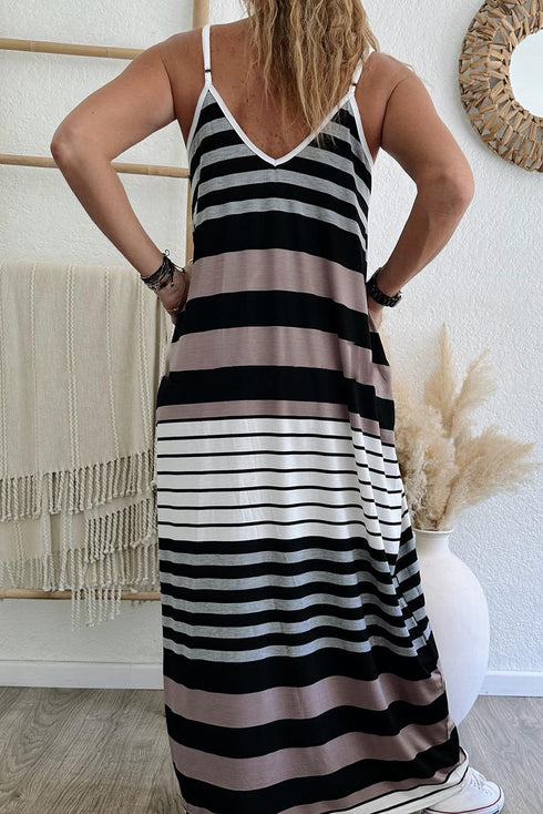 Striped Sleeveless V Neck Pocket Maxi Dress