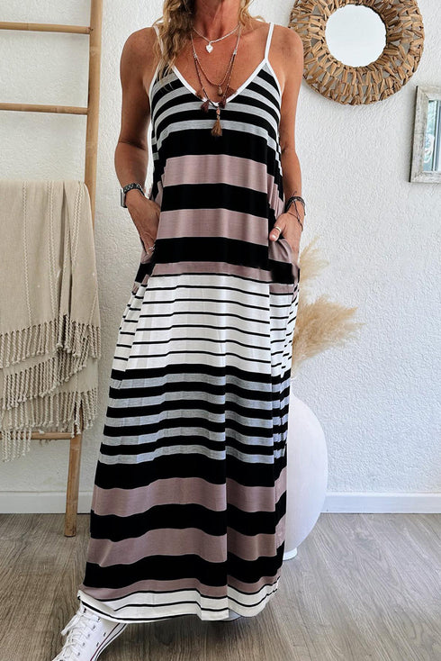 Striped Sleeveless V Neck Pocket Maxi Dress