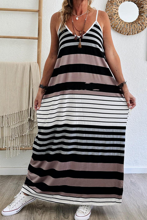 Striped Sleeveless V Neck Pocket Maxi Dress