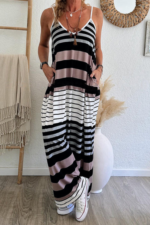 Striped Sleeveless V Neck Pocket Maxi Dress