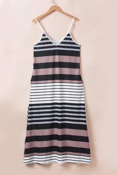 Striped Sleeveless V Neck Pocket Maxi Dress
