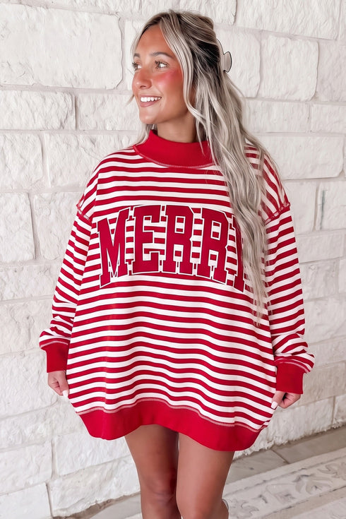 Striped Slogan Embroidered Patch Mock Neck Oversized Sweatshirt