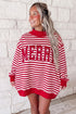 Striped Slogan Embroidered Patch Mock Neck Oversized Sweatshirt