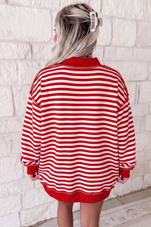 Striped Slogan Embroidered Patch Mock Neck Oversized Sweatshirt