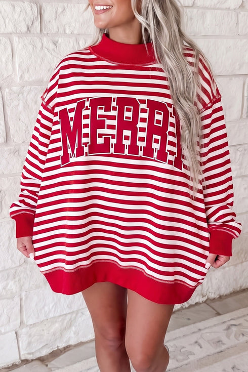 Striped Slogan Embroidered Patch Mock Neck Oversized Sweatshirt