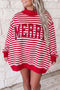 Striped Slogan Embroidered Patch Mock Neck Oversized Sweatshirt
