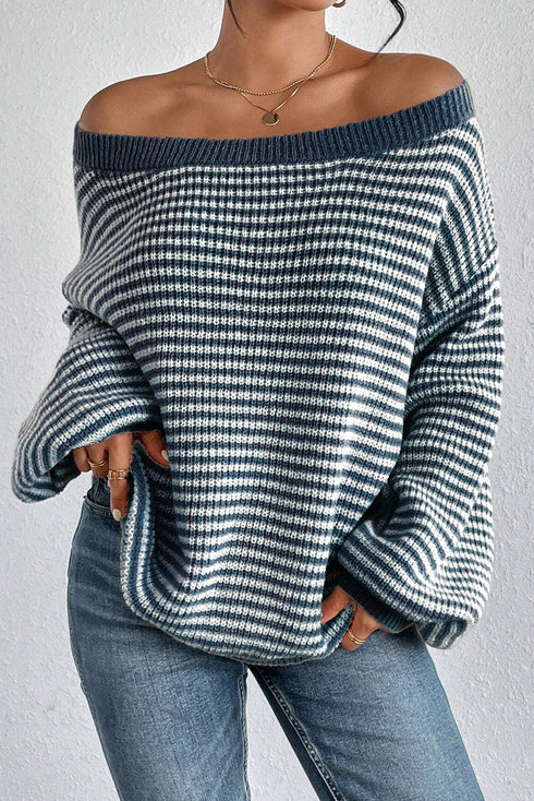 Striped Slouchy Knit Boat Neck Pullover Sweater