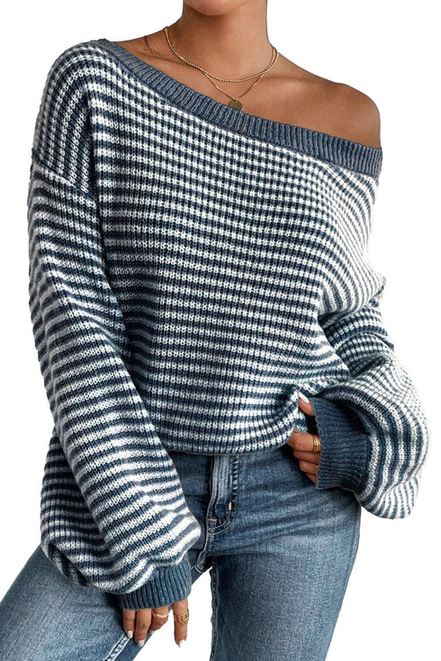 Striped Slouchy Knit Boat Neck Pullover Sweater