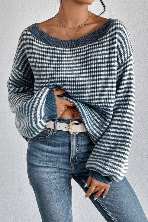 Striped Slouchy Knit Boat Neck Pullover Sweater