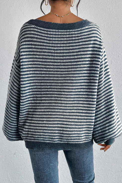 Striped Slouchy Knit Boat Neck Pullover Sweater