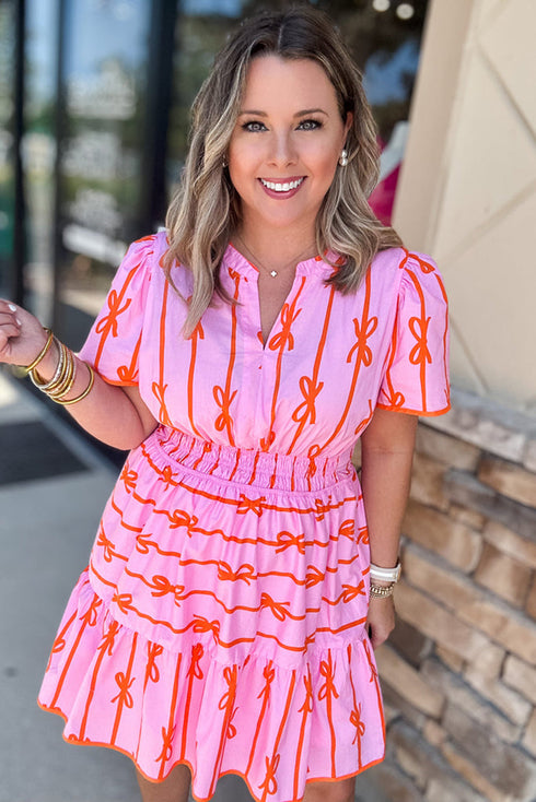 Striped Smocked Bow Detail A Line Mini Dress