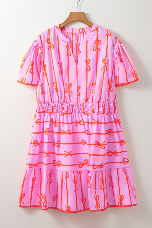 Striped Smocked Bow Detail A Line Mini Dress