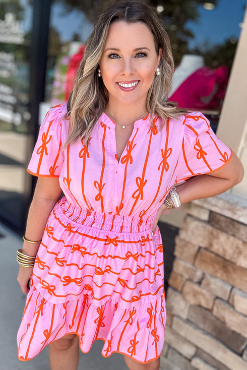 Striped Smocked Bow Detail A Line Mini Dress
