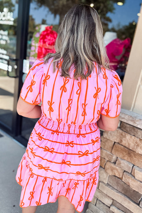 Striped Smocked Bow Detail A Line Mini Dress