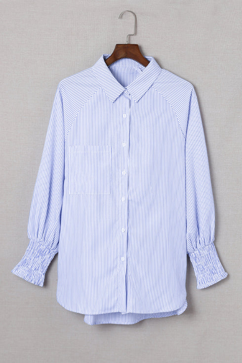 Striped Smocked Cuff Relaxed Fit Button Down Shirt