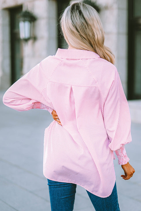 Striped Smocked Cuff Relaxed Fit Button Down Shirt