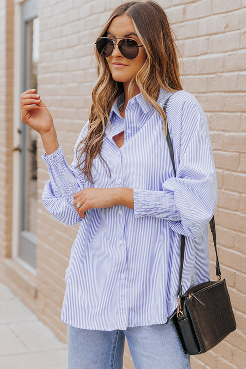 Striped Smocked Cuff Relaxed Fit Button Down Shirt