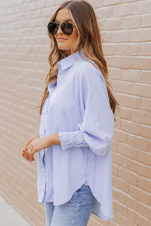 Striped Smocked Cuff Relaxed Fit Button Down Shirt