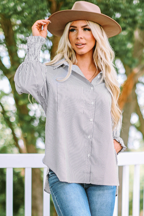 Striped Smocked Cuff Relaxed Fit Button Down Shirt