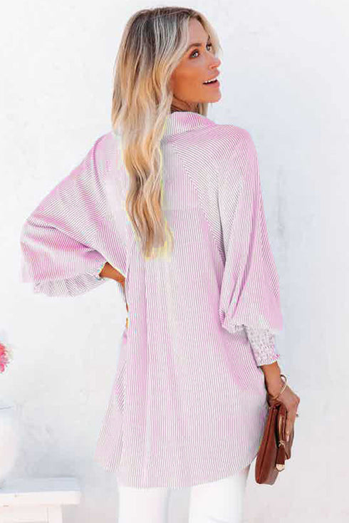 Striped Smocked Cuff Relaxed Fit Button Down Shirt