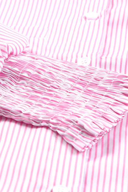 Striped Smocked Cuff Relaxed Fit Button Down Shirt