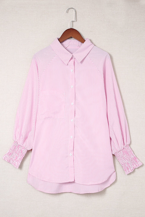 Striped Smocked Cuff Relaxed Fit Button Down Shirt