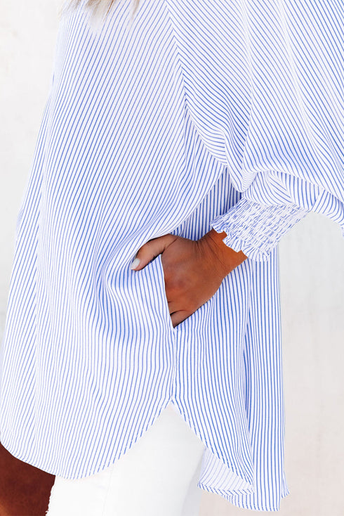 Striped Smocked Cuff Relaxed Fit Button Down Shirt