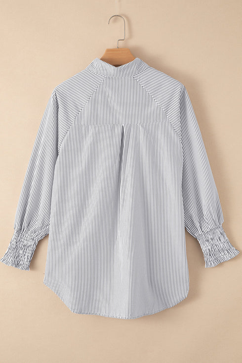 Striped Smocked Cuff Relaxed Fit Button Down Shirt